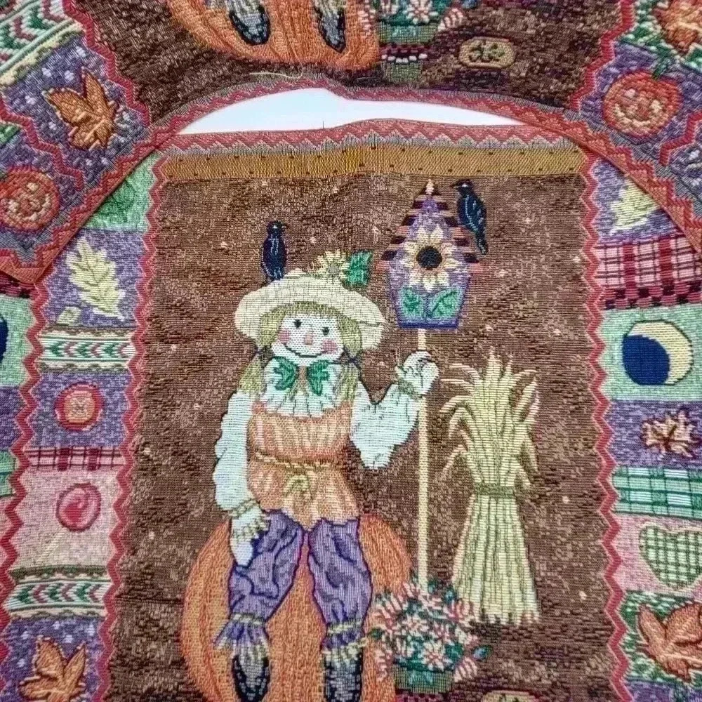 VTG Set of 2 Fall Tapestry Placemats Happy Scarecrow Pumpkins Crows Birdhouses - Picture 6 of 9